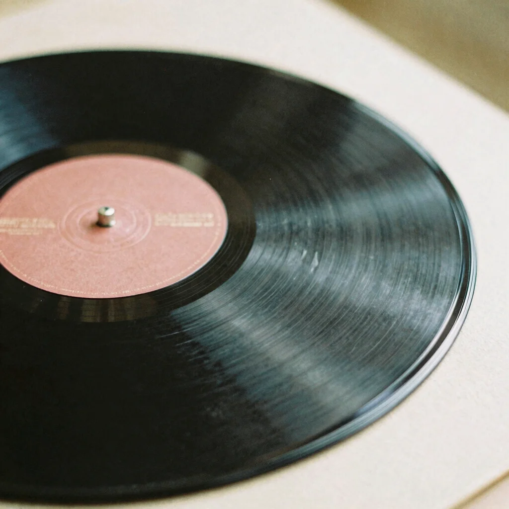 detail shot of vinyl record grooves, warm editorial photography,