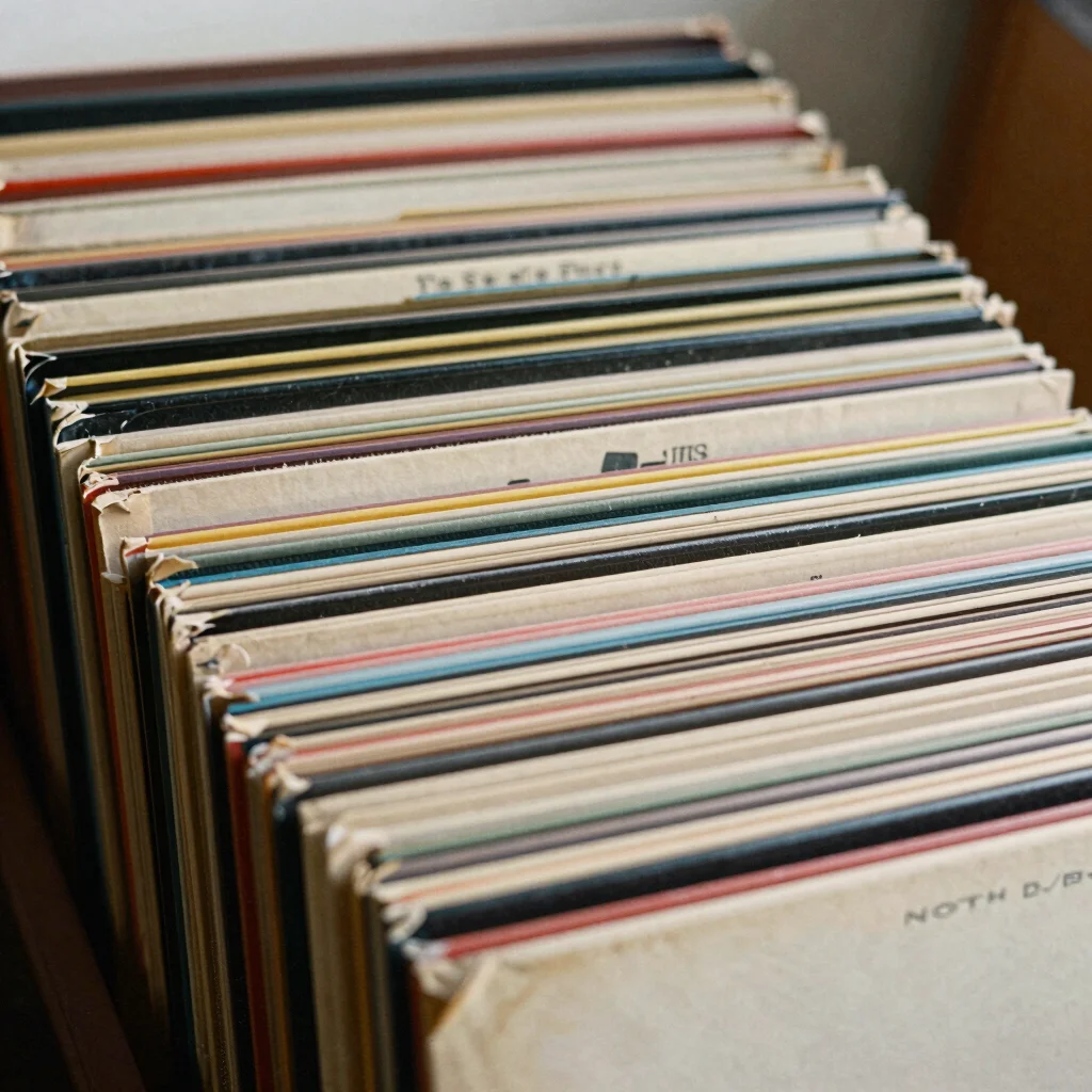 stack of classic 70s vinyl records, side view showing spines and