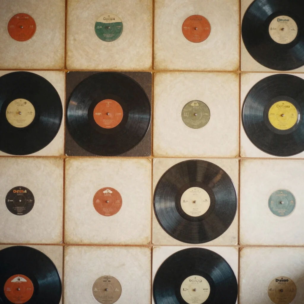 abstract pattern of vinyl record labels, various colors and desig