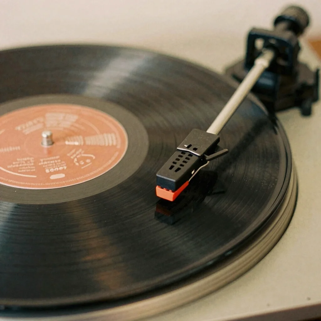 stylized close-up of a record player needle on vinyl, capturing t
